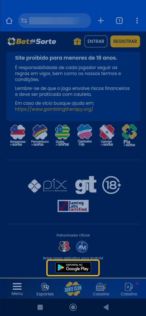 Navegar até o Bet da Sorte e iniciar download pelo Google Play.