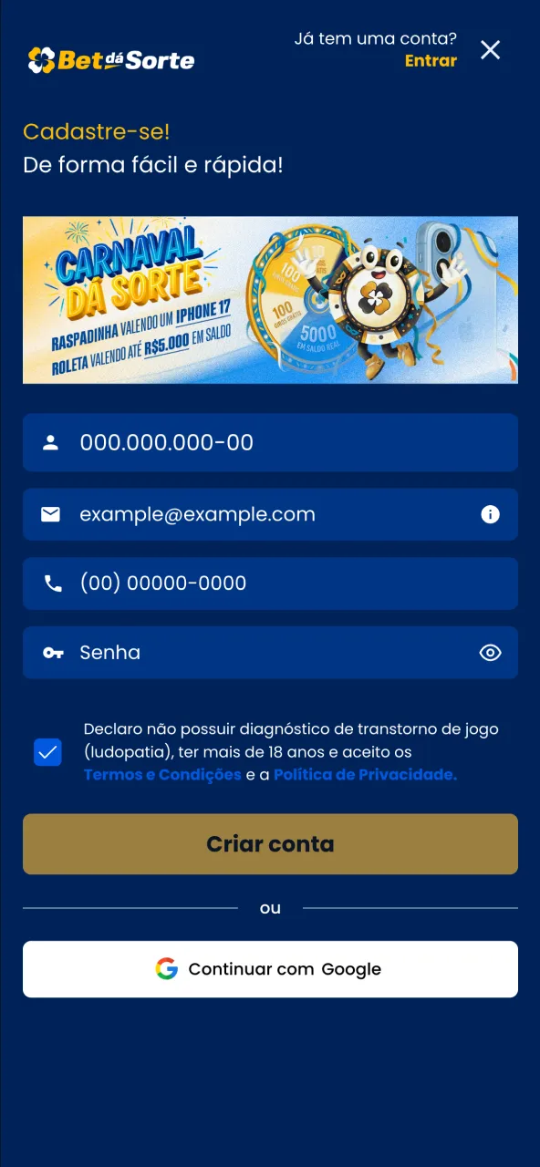 Bet da Sorte exibindo página de cadastro para criar conta rapidamente.
