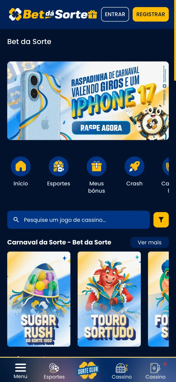 Tela inicial da Bet da Sorte com menu e opções de navegação.