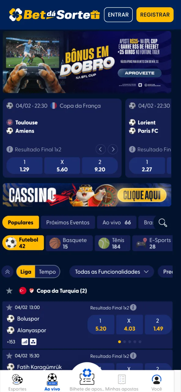 Apostas esportivas e eventos disponíveis na plataforma Bet da Sorte.