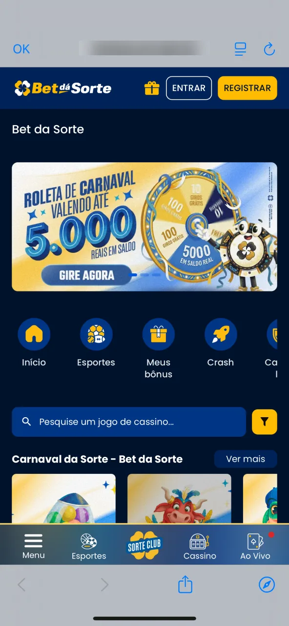 Abrir o Bet da Sorte no Safari em dispositivo Apple.