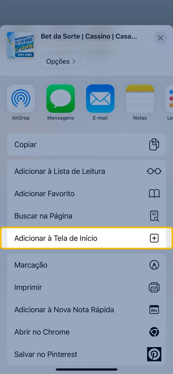 Opção Adicionar à Tela de Início usada para fixar o Bet da Sorte.