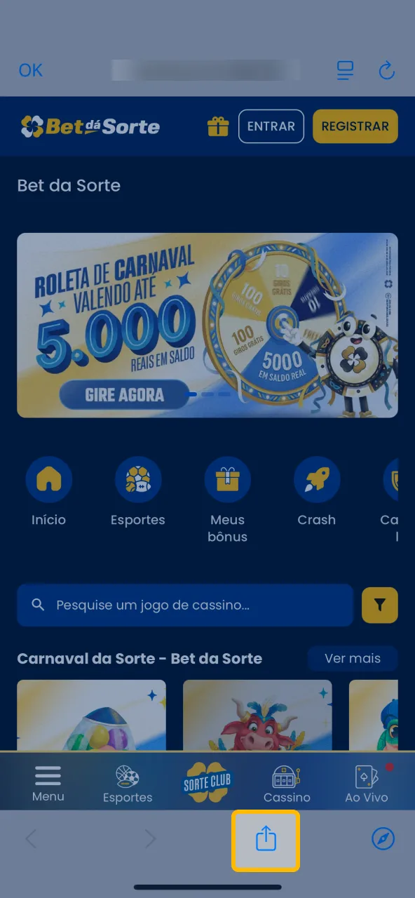 Ícone de compartilhamento no Safari usado ao abrir o site Bet da Sorte.