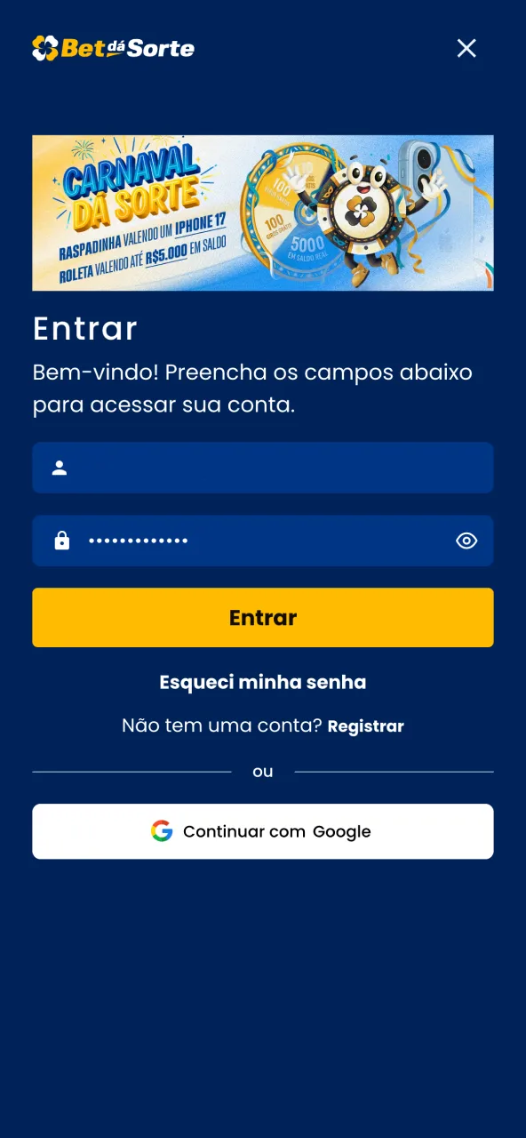 Insira usuário e senha para entrar na área pessoal Bet da Sorte.