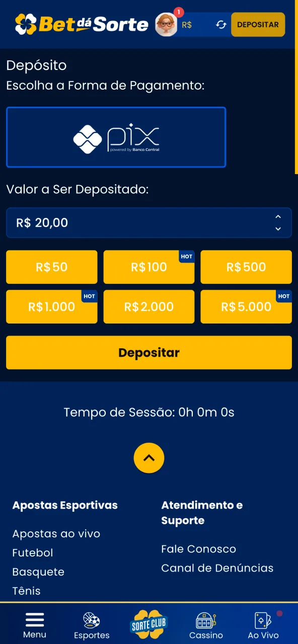 Selecione a opção de depósito adequada na plataforma Bet da Sorte.