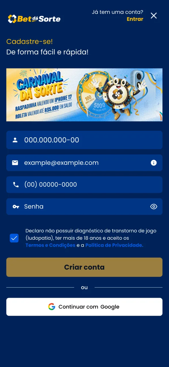 Complete o processo de registro na Bet da Sorte antes de acessar a plataforma.