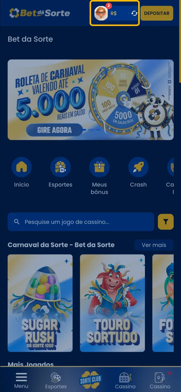 Painel principal da Bet da Sorte usado para acessar sua conta.