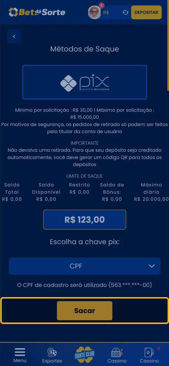 Finalize a operação confirmando a transação na Bet da Sorte.