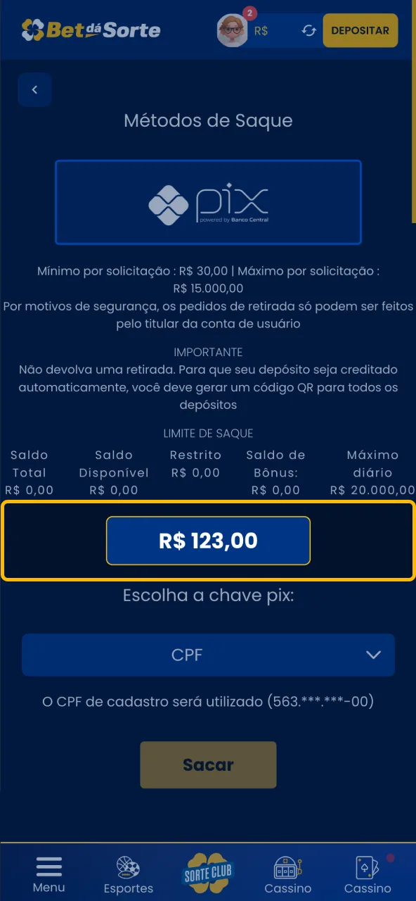 Digite o valor que deseja sacar do saldo Bet da Sorte.