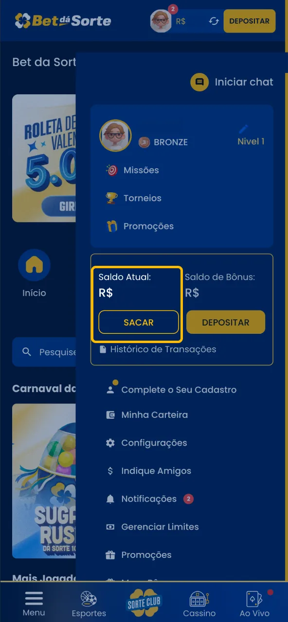 Escolha Retirada na área de operações financeiras da Bet da Sorte.