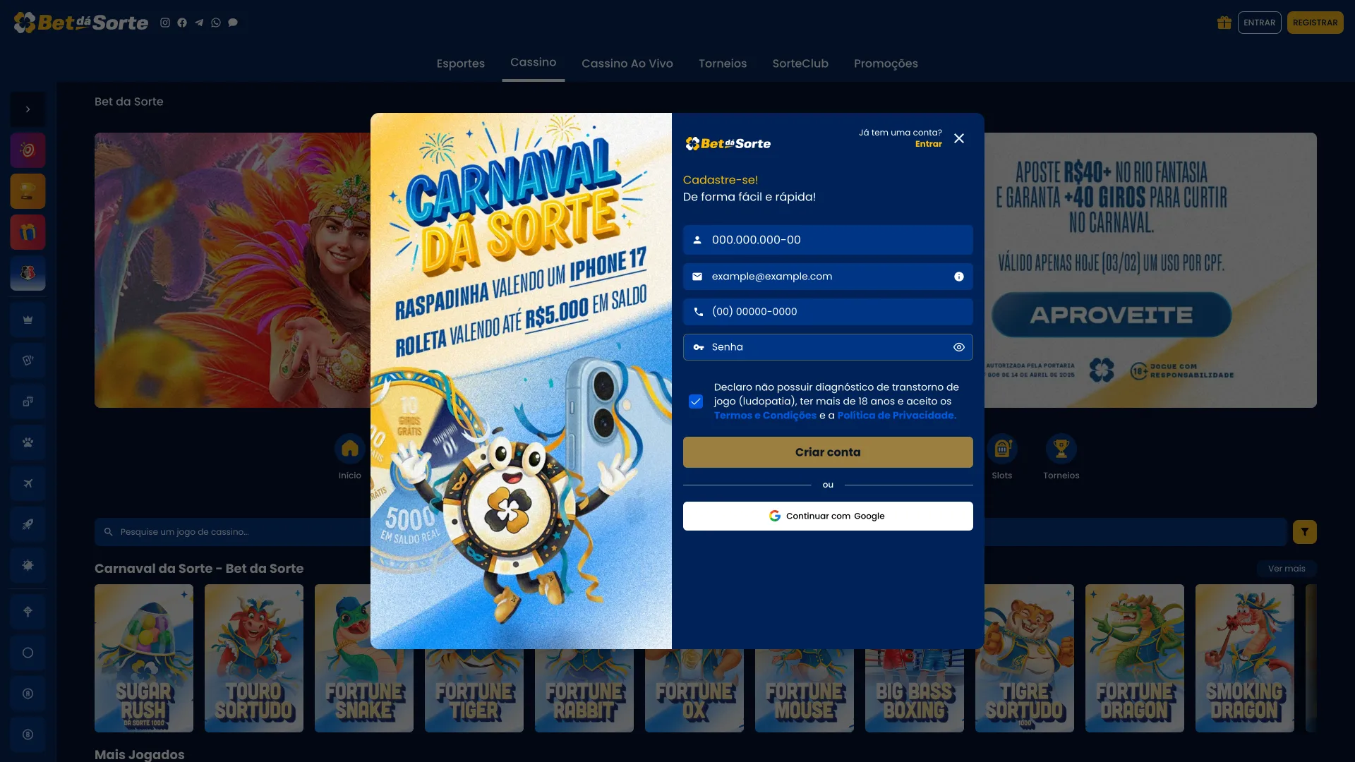 Formulário de registro da Bet da Sorte para novos usuários.