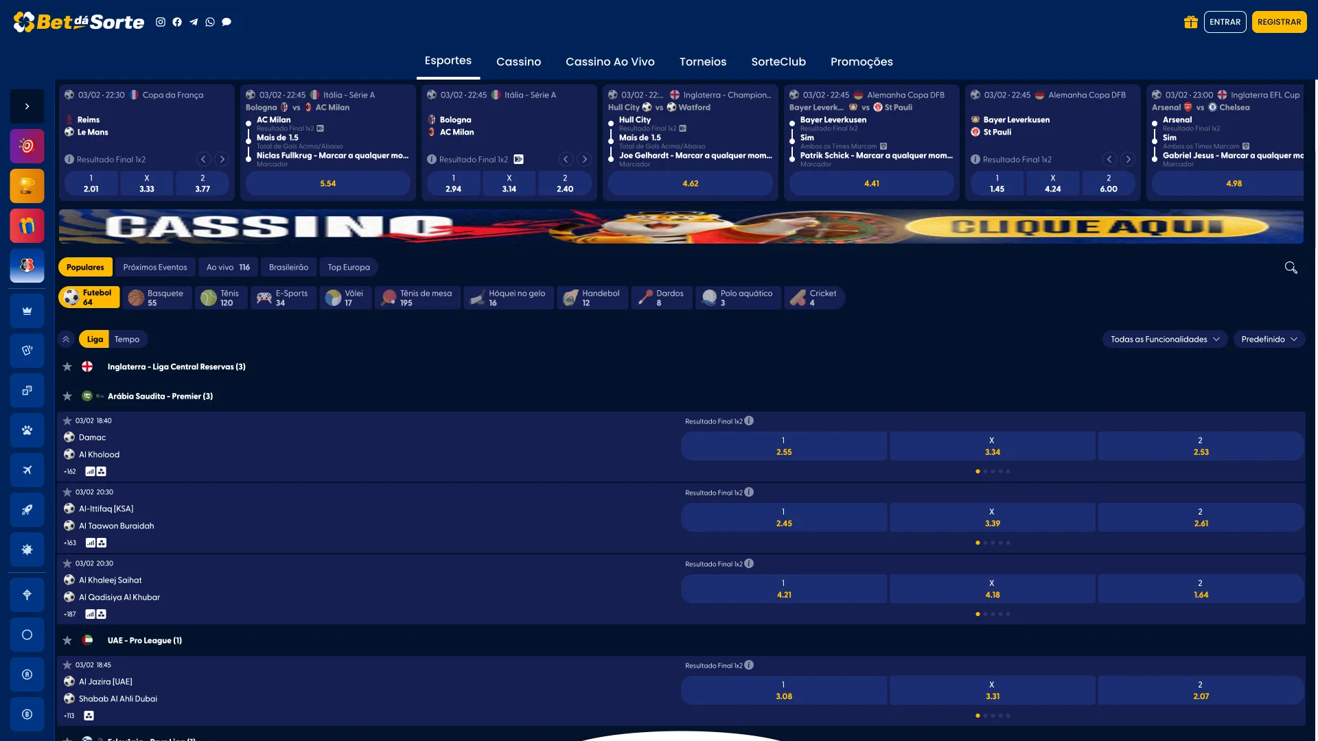 Seção de esportes da Bet da Sorte com apostas em múltiplos eventos.