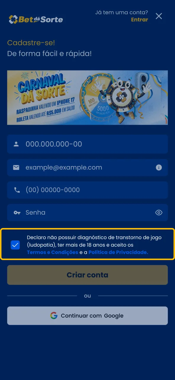 Confirme os Termos de uso selecionando a caixa correspondente na Bet da Sorte.