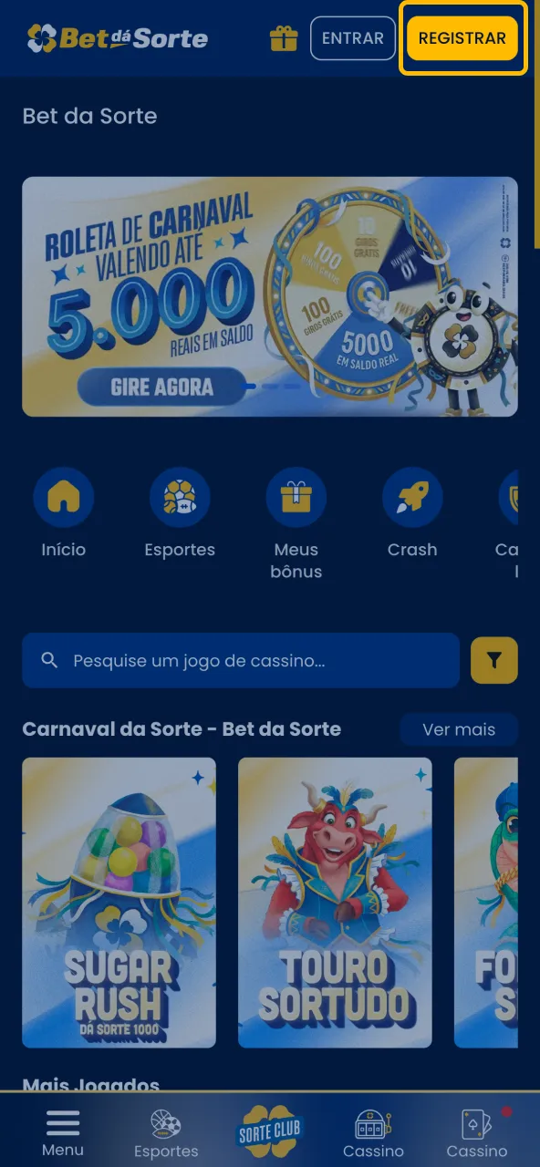 Botão Cadastrar no topo direito para entrar no Bet da Sorte.