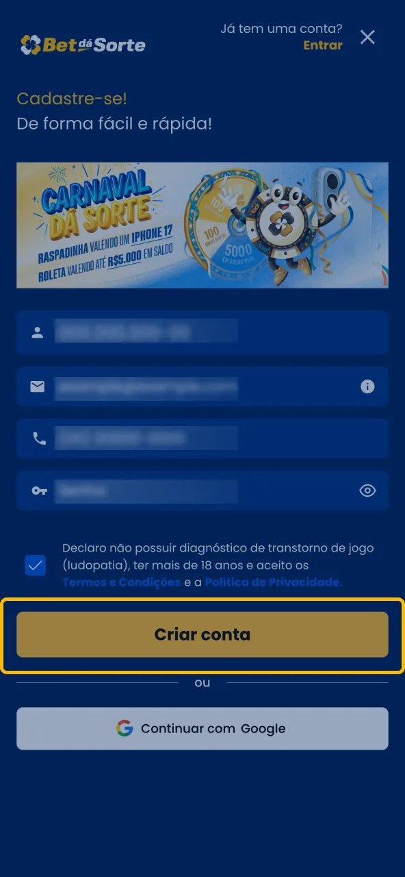 Bet da Sorte finalizando cadastro ao pressionar o botão Cadastrar inferior.