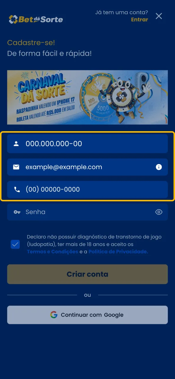 Informe email, dados pessoais e CPF ao criar conta na Bet da Sorte.